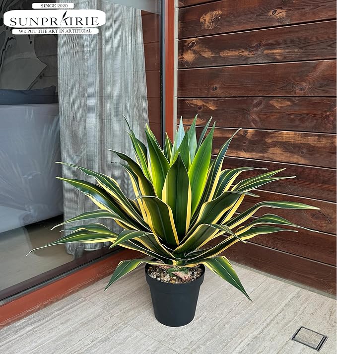 SUNPRAIRIE 34 Inch Tall Large Artificial Agave Plant in Pot with 45 Leaves, Forest Green with Yellow-Edges. Outdoor and Indoor Faux Plants.