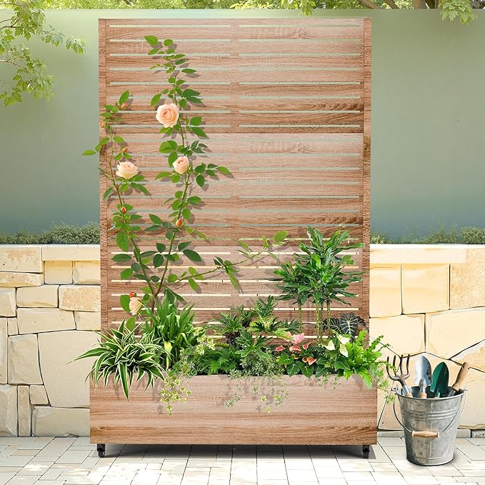 Raised Garden Bed with Trellis and Wheels,73"x35"x16" Metal Raised Garden Bed,Wood Finish Metal Planter with Climbing Trellis for Vines & Vegetables