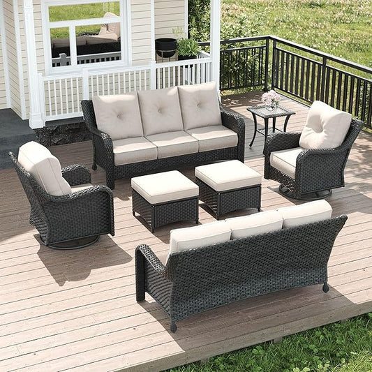 LayinSun 7 Piece Wicker Outdoor Furniture Set with 6-inch Comfy Cushions, High Back Patio Furniture Set with Swivel Rocking Chairs and Side Table