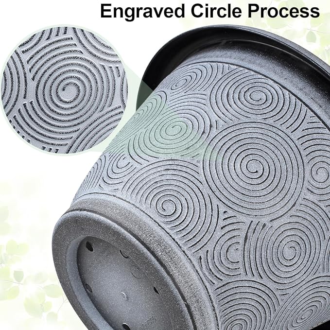 10 Inch Flower Pots Planters for Indoor Outdoor Plants, 3 Pack Plastic Large Plant Pots with Drainage Hole & Tray, Modern Decorative Garden Pot with Saucer, Plant Container for House