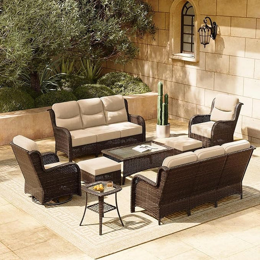HILLGA Luxury Patio Furniture Set with 6-inch Thick Cushion, Outdoor Couch and High Back Swivel Rocker Patio Chairs, 8PCS Wicker Conversation Set for Deck Yard and Poolside, Beige (V2)