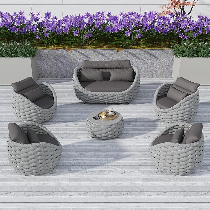 Aluminum Outdoor Patio Furniture Set with Coffee Table, 6 Piece Patio Conversation Sets with Washable Cushions Covers, Patio Sectional Furniture Set for Porch, Balcony, Deck, Yard