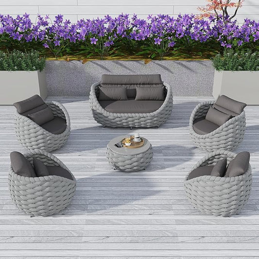 Aluminum Outdoor Patio Furniture Set with Coffee Table, 6 Piece Patio Conversation Sets with Washable Cushions Covers, Patio Sectional Furniture Set for Porch, Balcony, Deck, Yard