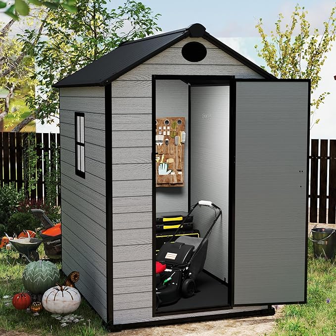 4 x 6 FT Shed Resin Outdoor Storage with Floor, 230 cuft Plastic Shed with Window and Lockable Door for Garden, Backyard, with Wood Texture, Grey