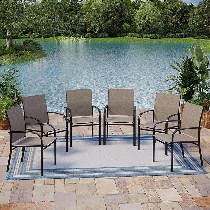 6 Pieces Outdoor Textilene Dining Chairs,Patio Dining Chairs Set, Fixed Patio Chairs with Armrest, Brown