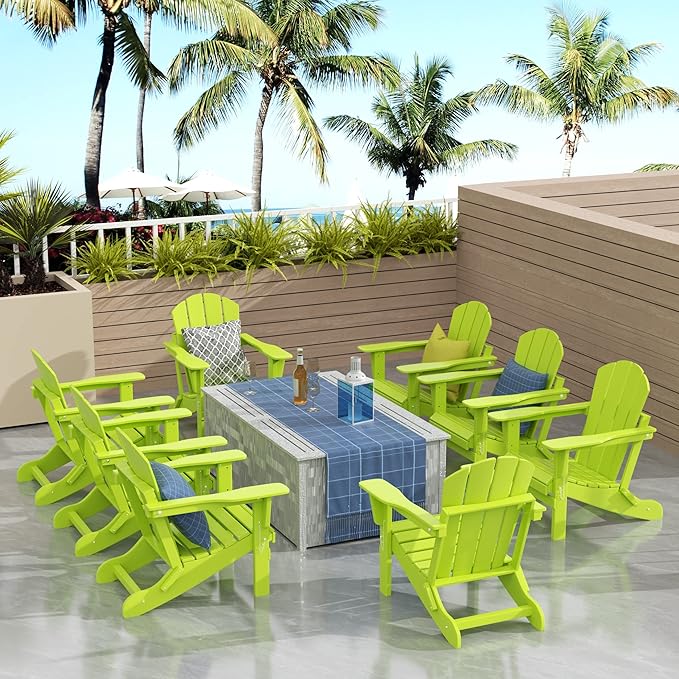 Westin Outdoors Laguna WO Outdoor Adirondack Folding Patio Chairs 8 PCS Set Retro Beach Aesthetic for Backyard, Lawn, Patio, Deck, Garden, Weather Resistant Polyethylene Plastic Lounger (Lime Green)