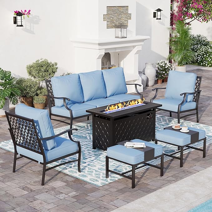 6 Piece Metal Outdoor Patio Furniture Set with Firepit Table, Patio Conversation Set 1 3-seater Sofa, 2 Fixed Chair, 2 Ottomans with 5.75" Thick Cushion, Black Backyard Furniture, Blue