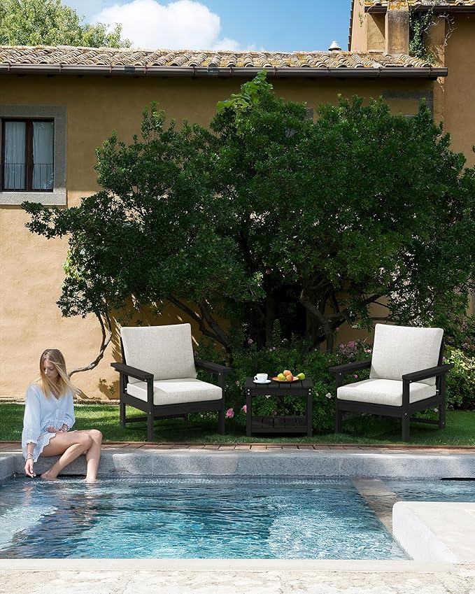 SERWALL HDPE Patio Sofa Set, 3-Piece Sectional Outdoor Furniture Set, All Weather Outdoor Couch Set Patio Furniture Set for Deck, Lawn, Black Frame with Khaki Cushion