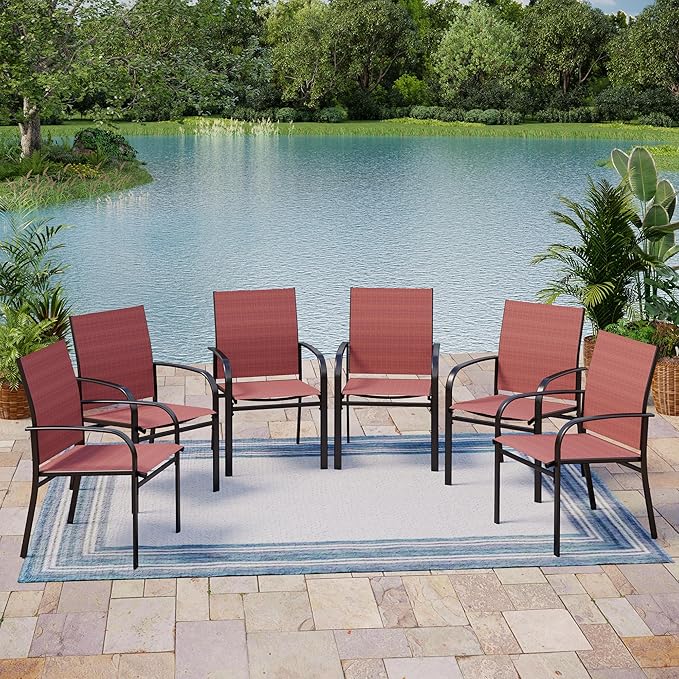 6 Pieces Outdoor Textilene Dining Chairs,Patio Dining Chairs Set, Fixed Patio Chairs with Armrest, Red
