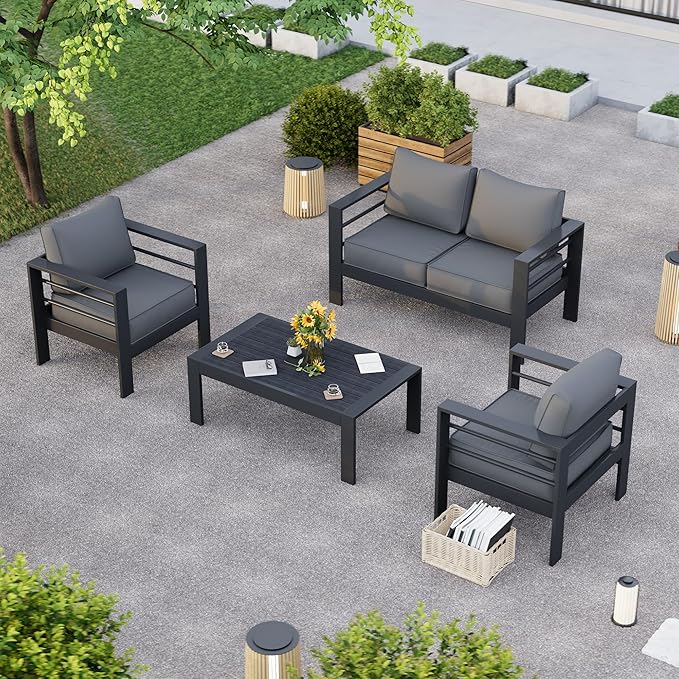 Aluminum Patio Furniture Set, 5 Piece Metal Outdoor Furniture Set, Patio Sets with Waterproof Covers for Backyard Garden