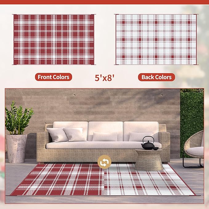 GENIMO Christmas Outdoor Rug for Patio, 5'x8' Waterproof Reversible Plastic Straw Rugs, Lightweight RV Camping Mat for Camper, Balcony, Deck, Backyard, Picnic, Red & White