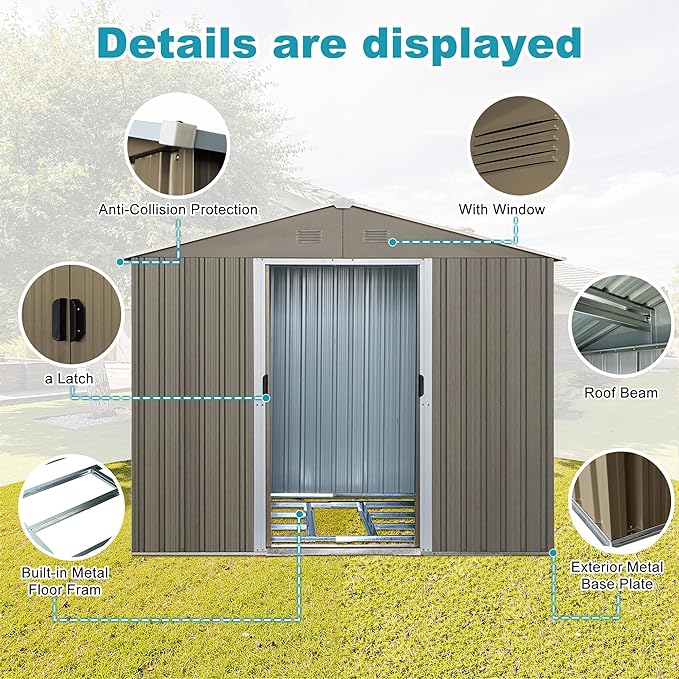 Sheds & Outdoor Storage 8ft x 10ft Metal Storage Shed with Metal Foundation, Window,Gloves, Anchors, Tools Garden Tool Storage Cabinet for Backyard, Patio, Poolside, Gray