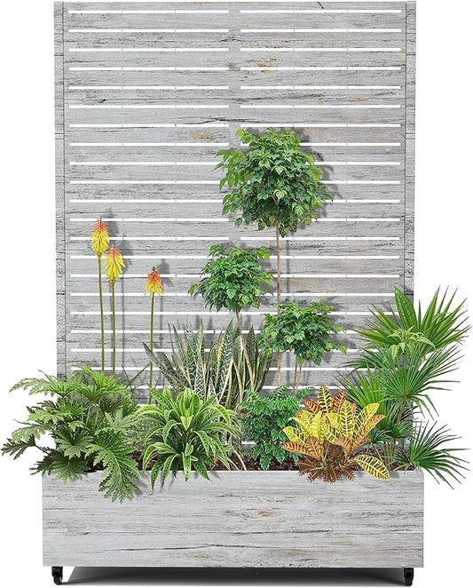 15.7"×70.9"×47.2" Metal Raised Garden Bed with Trellis and Wheels - Tall Trellis Planter Box for Climbing Plants, Vegetables & Vines - Outdoor Privacy Planters for Patio (White Oak Grain)