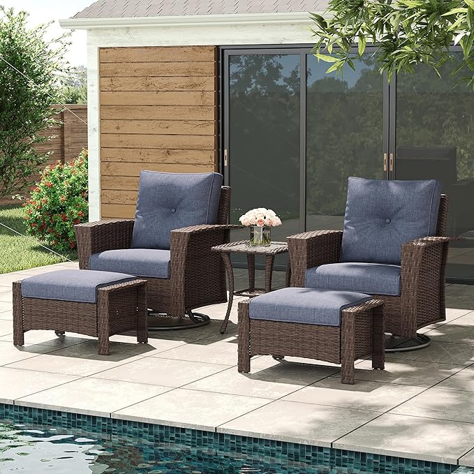 LayinSun 5 Piece Wicker Patio Furniture Set, Classis Outdoor Conversation 360 Degree Swivel Chairs Set with Coffee Table