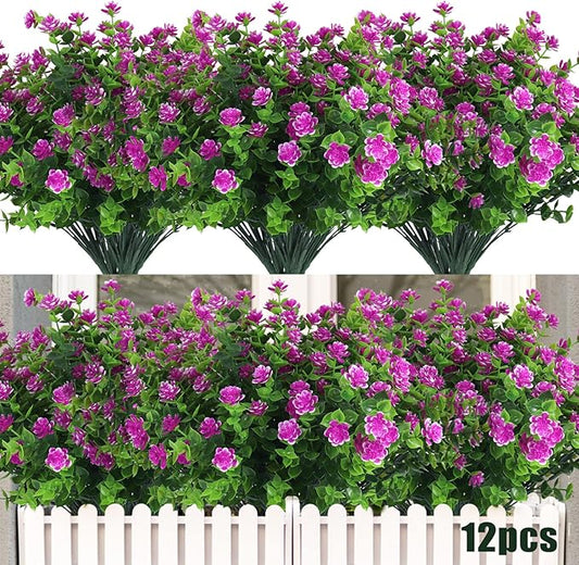 RECUTMS Artificial Flowers Outdoor UV Resistant Fake Plants Indoor Outside Hanging Planter, 12 Bundles Outdoor Fake Flowers UV Resistant Faux Plastic Plants Garden Porch Window Box Décor（Fuchsia）