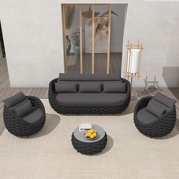 TWT Aluminum Patio Furniture Set Three Seater Sofa Outdoor Furniture Set w/Coffee Table,Patio Conversation Set with Hand Woven Polyester Rope for Bedroom Backyard Poolside, Dark Grey