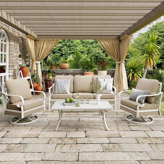 4 Piece Patio Furniture Set, 2 x Swivel Chair, 1 x 3-Seat Sofa with Marbling Coffee Table, All Cushioned 5 Seats Outdoor Conversation Set for Lawn Garden Backyard, Beige