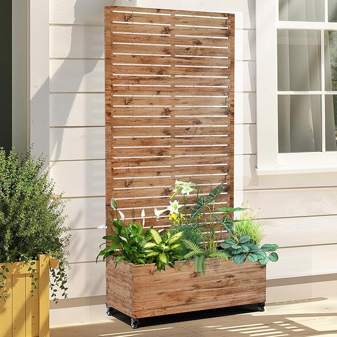 Raised Garden Bed with Trellis and Wheels,73"x35"x16" Metal Raised Garden Bed,Brown Wood Finish Metal Planter with Climbing Trellis for Vines & Vegetables