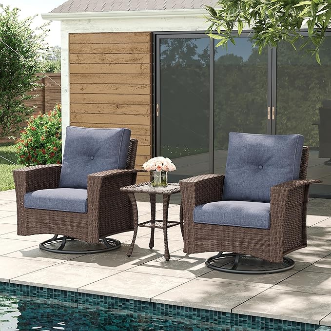LayinSun 3 Piece Wicker Patio Furniture Set, Classis Outdoor Conversation 360 Degree Swivel Chairs Set with Coffee Table