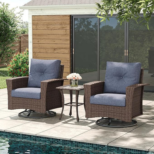 LayinSun 3 Piece Wicker Patio Furniture Set, Classis Outdoor Conversation 360 Degree Swivel Chairs Set with Coffee Table