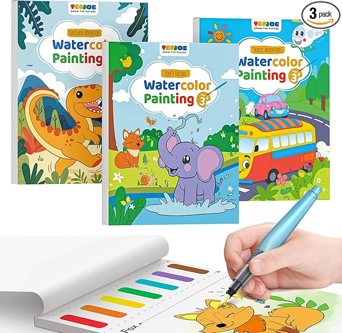 TECJOE 3 Pack Paint with Water Coloring Books for Toddlers, Watercolor Paint Set with 6 Brushes, Mess Free Painting for Kids Ages 4-8, Birthday Gifts Arts & Crafts Toy - Traffic, Forest, Dinosaur