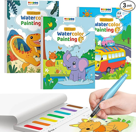 TECJOE 3 Pack Paint with Water Coloring Books for Toddlers, Watercolor Paint Set with 6 Brushes, Mess Free Painting for Kids Ages 4-8, Birthday Gifts Arts & Crafts Toy - Traffic, Forest, Dinosaur