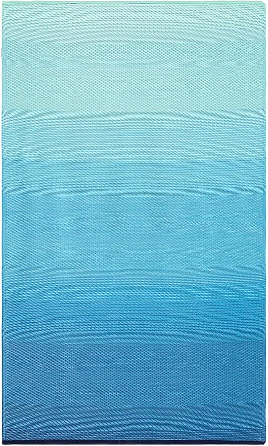 Fab Habitat Ombre Outdoor Rug - Waterproof, Fade Resistant, Crease-Free, Reversible - Premium Recycled Plastic - Patio Porch Balcony Deck - Big Sur Teal - 8x10 ft