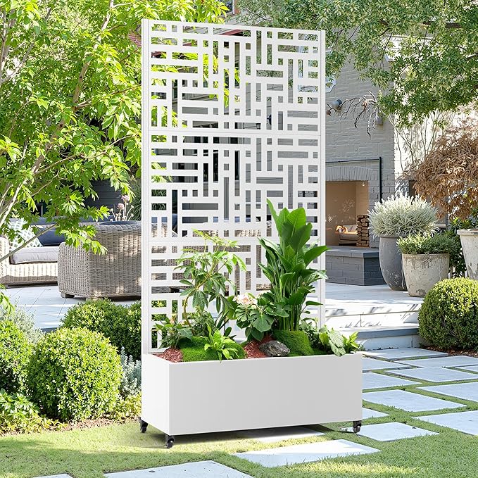 15.7"×70.9"×35.4" Metal Raised Garden Bed with Trellis and Wheels - Tall Trellis Planter Box for Climbing Plants, Vegetables & Vines - Outdoor Privacy Planters for Patio (White-Helen)
