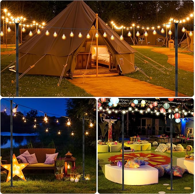 Suchtale 8.5FT Poles for String Lights with Forks, 2 Pack Metal Stands with Hooks & 5-Prong Base for Garden, Patio, Fence, Deck, Backyard, Wedding, Black, Built for Tough Environments