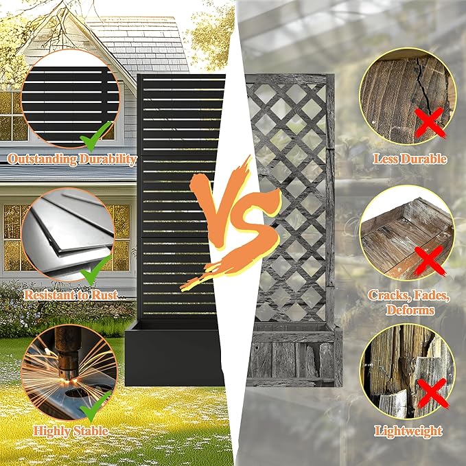 Metal Planter Box with Trellis Raised Garden Bed with Trellis 71"x47"x16", Trellis with Planter Box & Privacy Screen, Metal Planter Box for Climbing Plants, Vegetable, Vines(Black, Louvered)