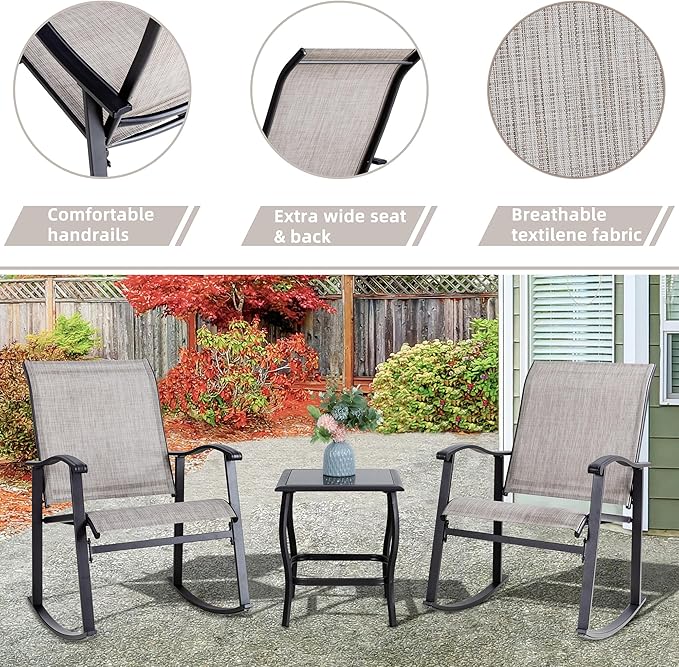 Vongrasig 3 Piece Outdoor Rocking Bistro Set, Textilene Fabric Small Patio Furniture Set, Front Porch Rocker Chairs Conversation Set with Glass Table for Lawn, Garden, Balcony, Poolside (Taupe)