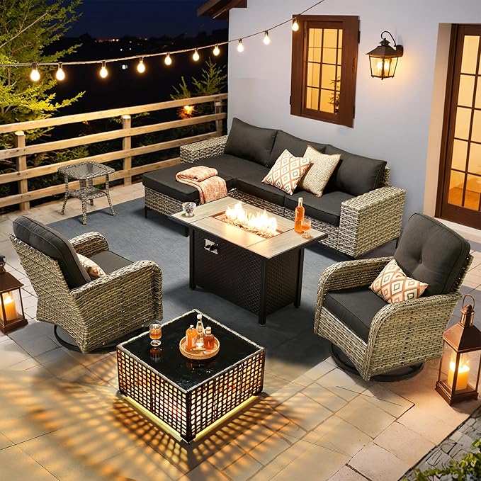 HOOOWOOO Outdoor Sectional Furniture Set with Fire Pit Table,9 Pieces Wicker Patio Conversation Sets,L Shape All Weather Outside Couch Sofa Set with Swivel Chairs Solar Light Table Ottoman,Black