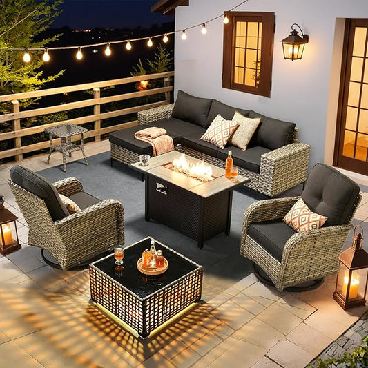 HOOOWOOO Outdoor Sectional Furniture Set with Fire Pit Table,9 Pieces Wicker Patio Conversation Sets,L Shape All Weather Outside Couch Sofa Set with Swivel Chairs Solar Light Table Ottoman,Black