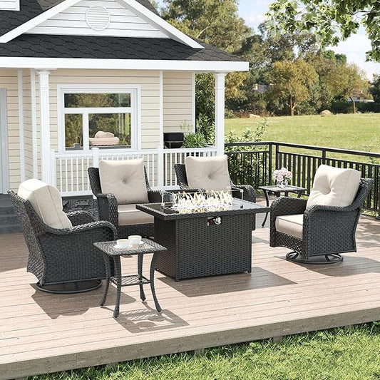 LayinSun 7 Piece Wicker Outdoor Furniture Set with 6-inch Comfy Cushions, High Back Patio Furniture Set with Swivel Rocking Chairs and Fire Pit Table