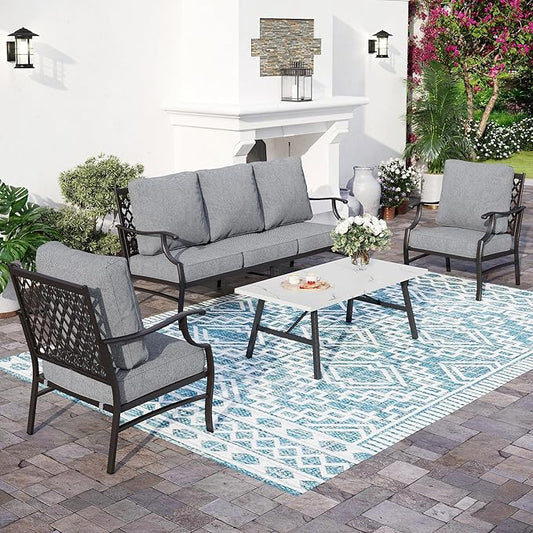 4 Piece Metal Outdoor Patio Furniture Sets, Patio Conversation Sets 1 3-seater Sofa, 2 Fixed Chair with 5.75" Extra Thick Cushion and Coffee Table, Black Frame Backyard Furniture, Gray