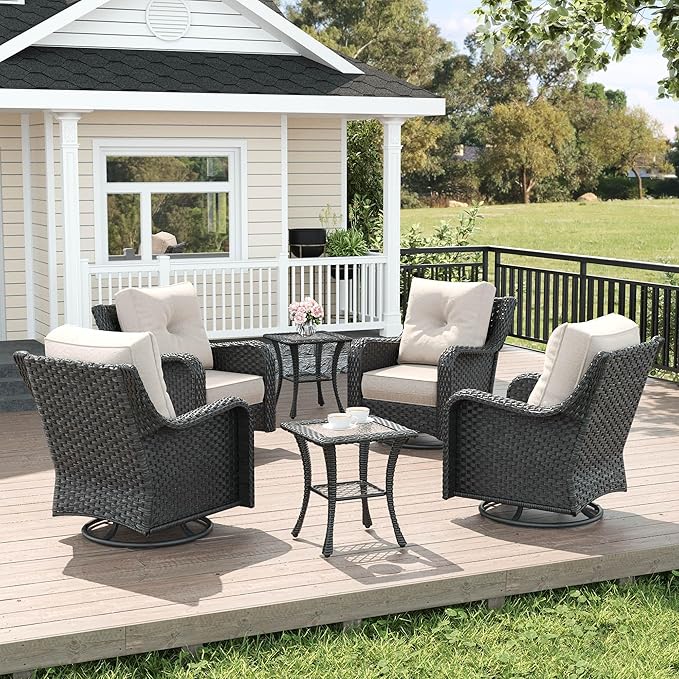 LayinSun 6 Piece Wicker Outdoor Furniture Set with 6-inch Comfy Cushions, High Back Patio Furniture Set with Swivel Rocking Chairs and Side Table