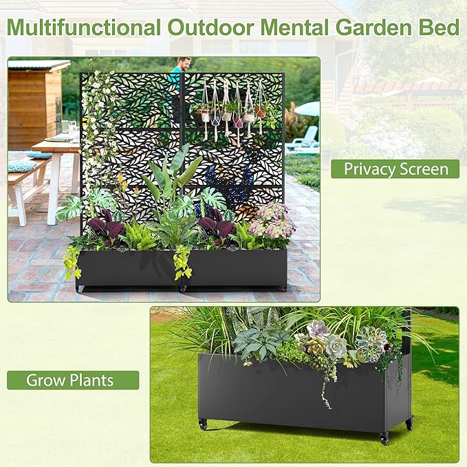 Raised Garden Bed with Trellis and Wheels,73"x35"x16" Metal Raised Garden Bed,Black Flowing Leaf Metal Planter with Climbing Trellis for Vines & Vegetables