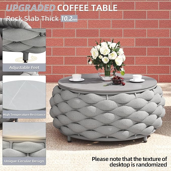 TWT 3 Pieces Aluminum Patio Furniture Set, Hand Woven Polyester Rope Modern Outdoor Furniture w/Washable Cushion and Rock Slab Tabletop, Conversation Sofa Set for Livingroom Poolside Balcony (Grey)