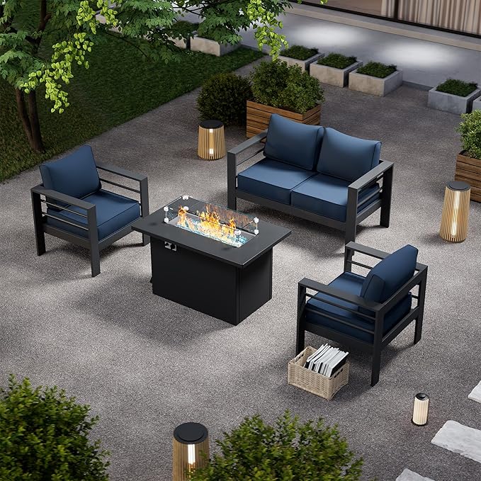 Patio Furniture Set with Fire Pit Table, Aluminum Patio Furniture Set,Grey and Blue Outdoor Metal Sectional Sofa with Aluminum Fire Pit Table for Garden Backyard (Include Waterproof Cover)