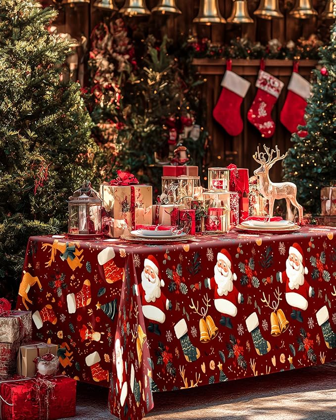 Pureegg Plastic Table Cloth Disposable 8 Pack, 54 x 108 Inch Rectangle Tablecloths, Sturdy Leakproof Plastic Covers for Party, Picnic, Wedding, Winter & Xmas Decoration, Christmas Red