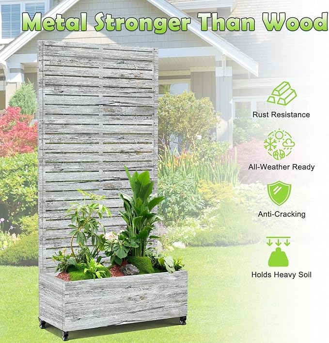 15.7"×70.9"×35.4" Metal Raised Garden Bed with Trellis and Wheels - Tall Trellis Planter Box for Climbing Plants, Vegetables & Vines - Outdoor Privacy Planters for Patio (White Oak Grain)