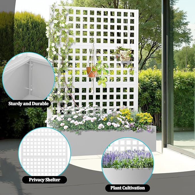 Metal Planter Box with Trellis, Planter Box with Privacy Screen, Privacy Trellis Outdoor for Climbing Plants with Drainage Holes, Raised Garden Bed for Vegetables