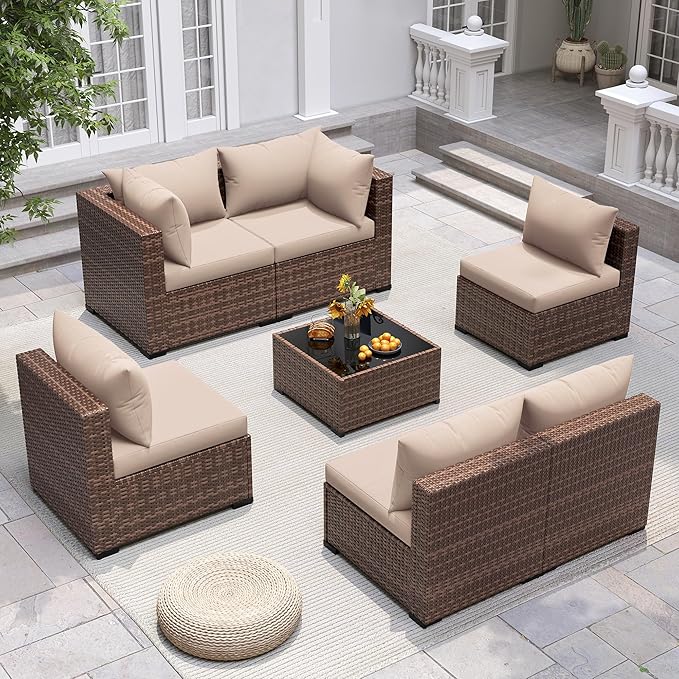 UDPATIO Patio Furniture Set, 7 Piece Outdoor Sectional Sofas with Wicker Coffee Table, Outdoor Patio Conversation Set for Garden, Backyard Khaki