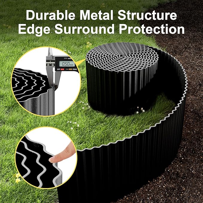 Land Guard Corrugated Garden Edging Border, 6"×25' Landscape Paver Edging, Tall Landscape Edging, Fence for Garden, Flower Bed, Lawn and Landscape Edging (Black)