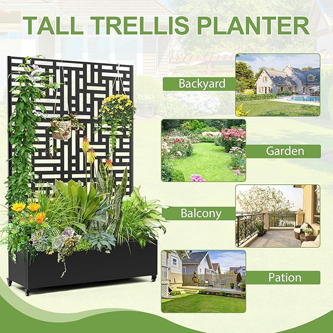 Raised Garden Bed with Trellis and Wheels,73"x47"x16" Metal Raised Garden Bed,Black Modern Metal Planter with Climbing Trellis for Vines & Vegetables