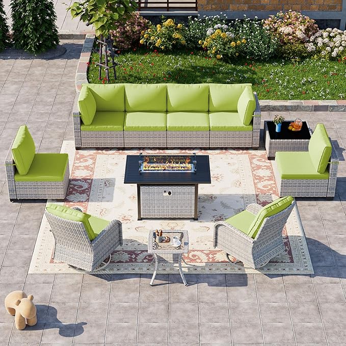 11-Piece Patio Furniture Set, Outdoor Patio Furniture with 55,000 BTU Fire Pit Table, Swivel Chairs Set, Thick Cushions, Modular Patio Sofa, Dual-Strand Rattan, Rust-Resistant Frame, Grass Green