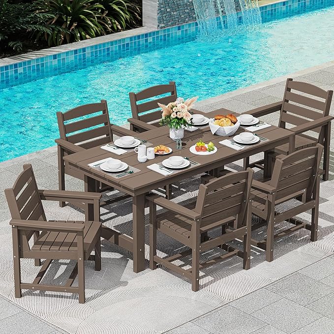 SERWALL 7-Piece Patio Dining Table Sets, Outdoor HDPE Dining Furniture Set with Umbrella Hole Cut-Out Table and 6 Chairs, All Weather Dining Set for Lawn, Garden, Backyard, Poolside, Coffee