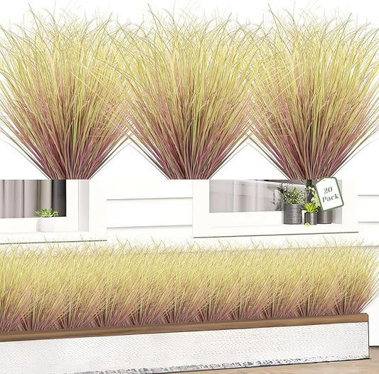 20 Bundles Fake Grass Plants Artificial Plants Outdoor Faux Plants Tall Shrubs Wheat Grass Greenery Stems UV Resistant Onion Grss for Outside Planters Indoor Room Vase Home Decor (Light Purple)