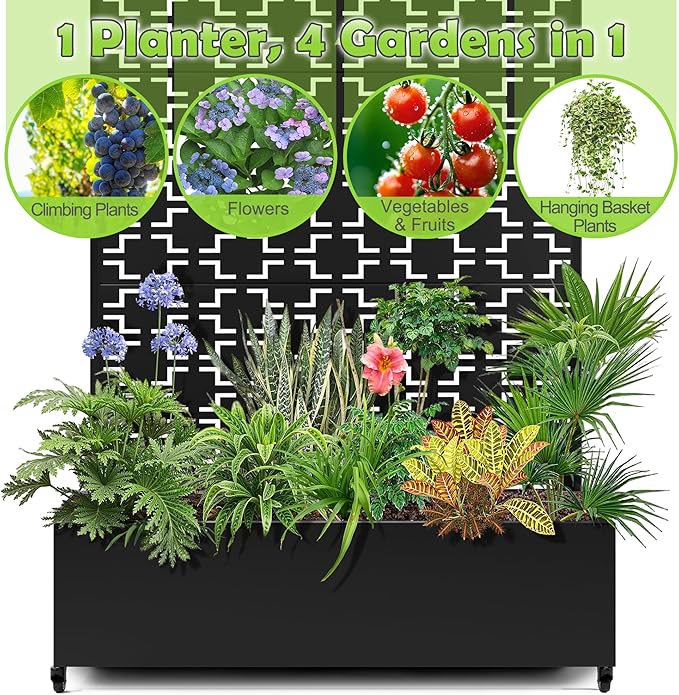 15.7"×70.9"×47.2" Metal Raised Garden Bed with Trellis and Wheels - Tall Trellis Planter Box for Climbing Plants, Vegetables & Vines - Outdoor Privacy Planters for Patio (Black-Square)
