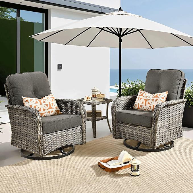 ovios 3 Pieces Patio Furniture Set, Outdoor Rocking Chairs of 2, Wicker Swivel Glider Chairs with Side Table Thick Cushions, All Weather Rattan Bistro Set for Porch, Black